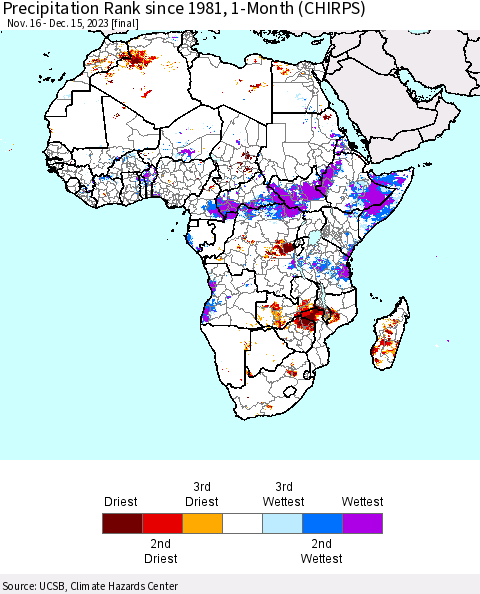 Africa Precipitation Rank since 1981, 1-Month (CHIRPS) Thematic Map For 11/16/2023 - 12/15/2023
