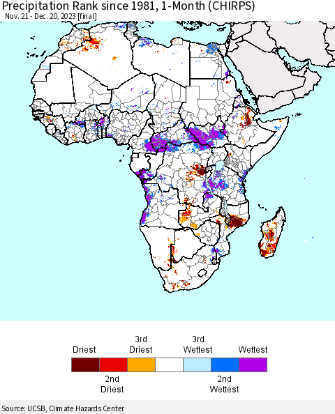Africa Precipitation Rank since 1981, 1-Month (CHIRPS) Thematic Map For 11/21/2023 - 12/20/2023