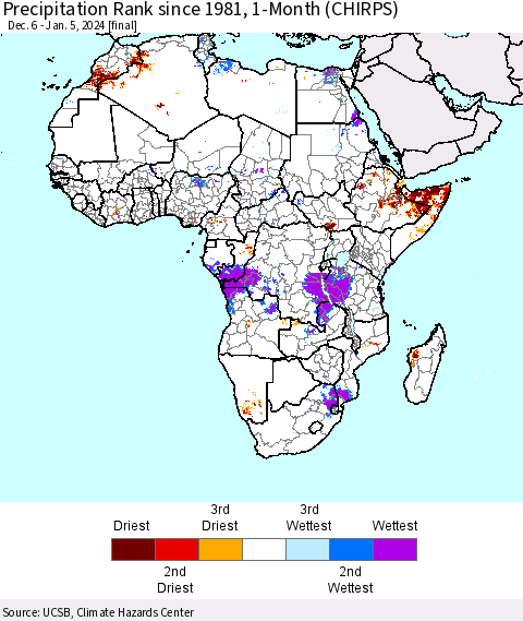 Africa Precipitation Rank since 1981, 1-Month (CHIRPS) Thematic Map For 12/6/2023 - 1/5/2024