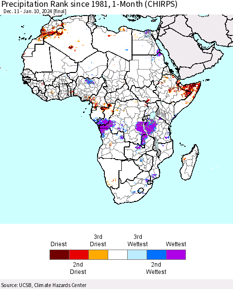 Africa Precipitation Rank since 1981, 1-Month (CHIRPS) Thematic Map For 12/11/2023 - 1/10/2024