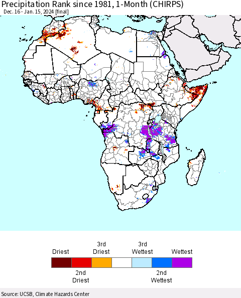 Africa Precipitation Rank since 1981, 1-Month (CHIRPS) Thematic Map For 12/16/2023 - 1/15/2024