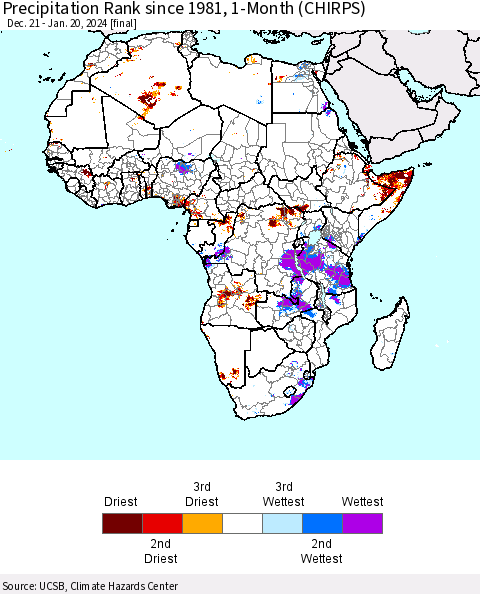 Africa Precipitation Rank since 1981, 1-Month (CHIRPS) Thematic Map For 12/21/2023 - 1/20/2024