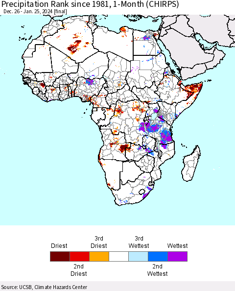 Africa Precipitation Rank since 1981, 1-Month (CHIRPS) Thematic Map For 12/26/2023 - 1/25/2024