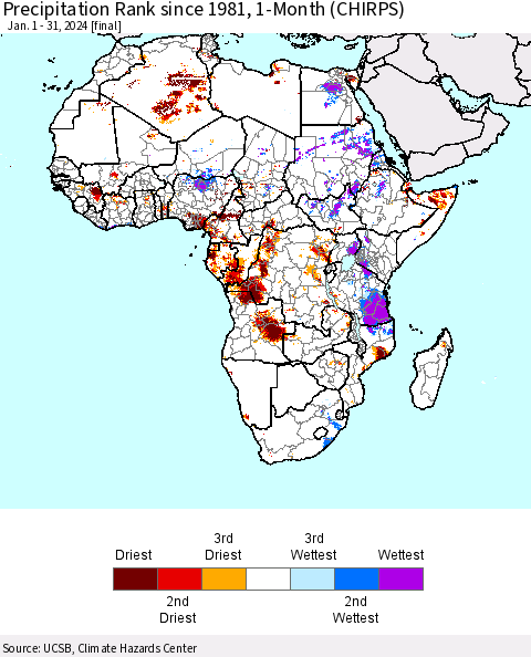 Africa Precipitation Rank since 1981, 1-Month (CHIRPS) Thematic Map For 1/1/2024 - 1/31/2024