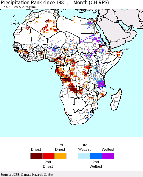 Africa Precipitation Rank since 1981, 1-Month (CHIRPS) Thematic Map For 1/6/2024 - 2/5/2024