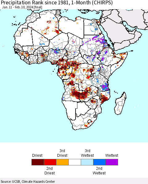 Africa Precipitation Rank since 1981, 1-Month (CHIRPS) Thematic Map For 1/11/2024 - 2/10/2024