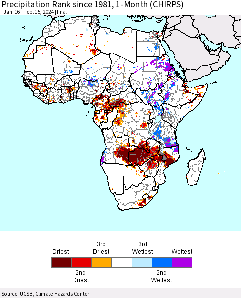 Africa Precipitation Rank since 1981, 1-Month (CHIRPS) Thematic Map For 1/16/2024 - 2/15/2024