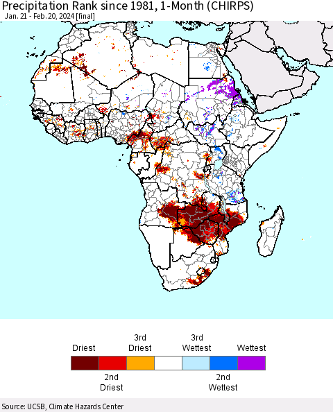 Africa Precipitation Rank since 1981, 1-Month (CHIRPS) Thematic Map For 1/21/2024 - 2/20/2024