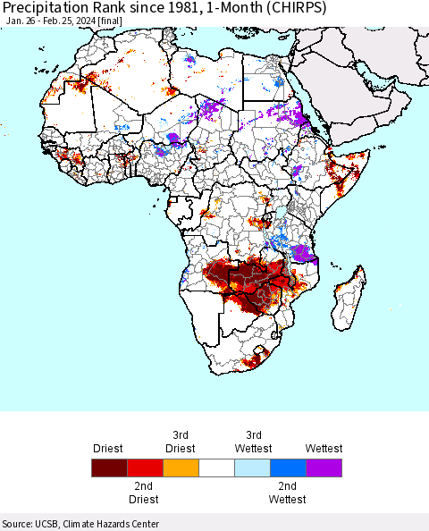 Africa Precipitation Rank since 1981, 1-Month (CHIRPS) Thematic Map For 1/26/2024 - 2/25/2024