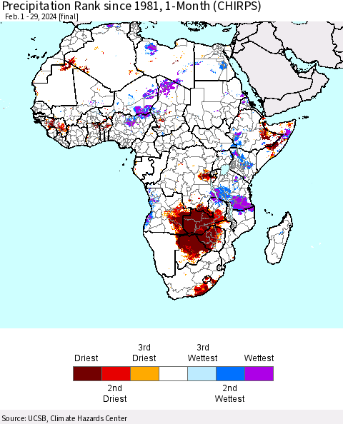 Africa Precipitation Rank since 1981, 1-Month (CHIRPS) Thematic Map For 2/1/2024 - 2/29/2024