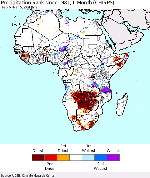 Africa Precipitation Rank since 1981, 1-Month (CHIRPS) Thematic Map For 2/6/2024 - 3/5/2024