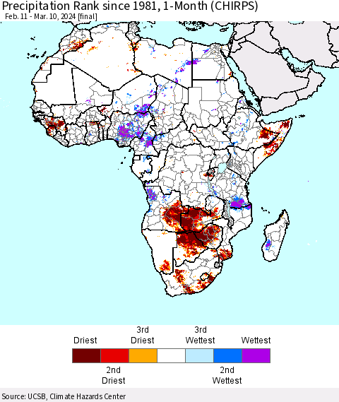 Africa Precipitation Rank since 1981, 1-Month (CHIRPS) Thematic Map For 2/11/2024 - 3/10/2024