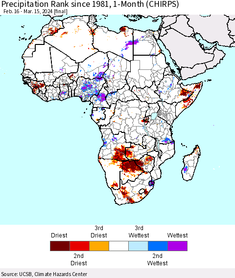 Africa Precipitation Rank since 1981, 1-Month (CHIRPS) Thematic Map For 2/16/2024 - 3/15/2024