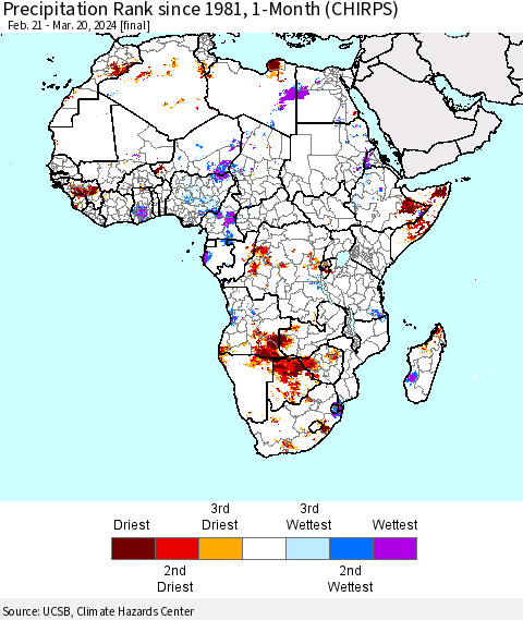 Africa Precipitation Rank since 1981, 1-Month (CHIRPS) Thematic Map For 2/21/2024 - 3/20/2024