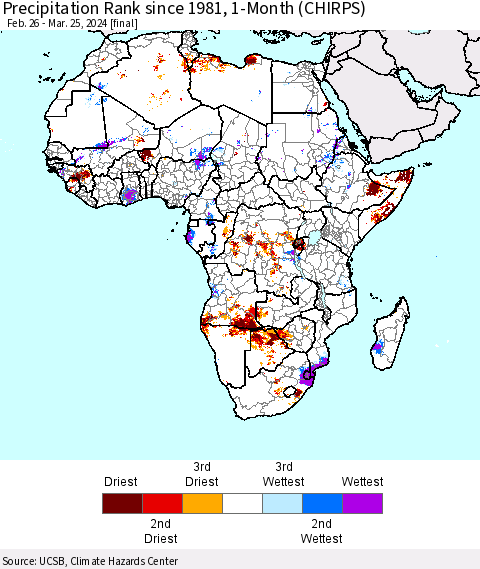 Africa Precipitation Rank since 1981, 1-Month (CHIRPS) Thematic Map For 2/26/2024 - 3/25/2024