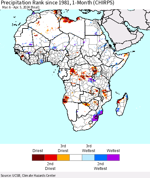 Africa Precipitation Rank since 1981, 1-Month (CHIRPS) Thematic Map For 3/6/2024 - 4/5/2024