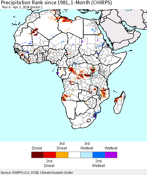 Africa Precipitation Rank since 1981, 1-Month (CHIRPS) Thematic Map For 3/6/2024 - 4/5/2024