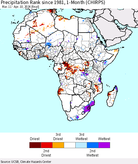 Africa Precipitation Rank since 1981, 1-Month (CHIRPS) Thematic Map For 3/11/2024 - 4/10/2024