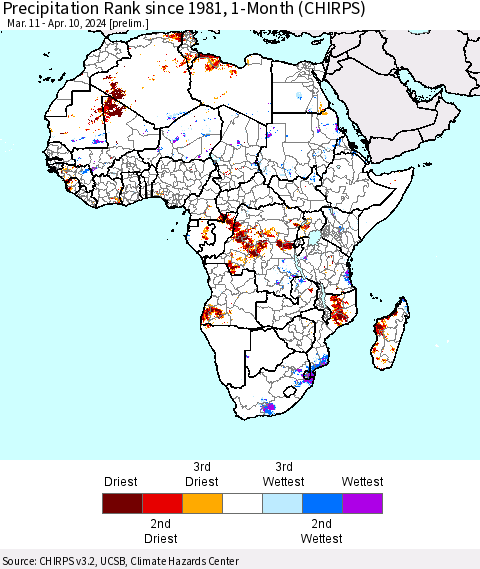 Africa Precipitation Rank since 1981, 1-Month (CHIRPS) Thematic Map For 3/11/2024 - 4/10/2024