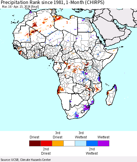 Africa Precipitation Rank since 1981, 1-Month (CHIRPS) Thematic Map For 3/16/2024 - 4/15/2024