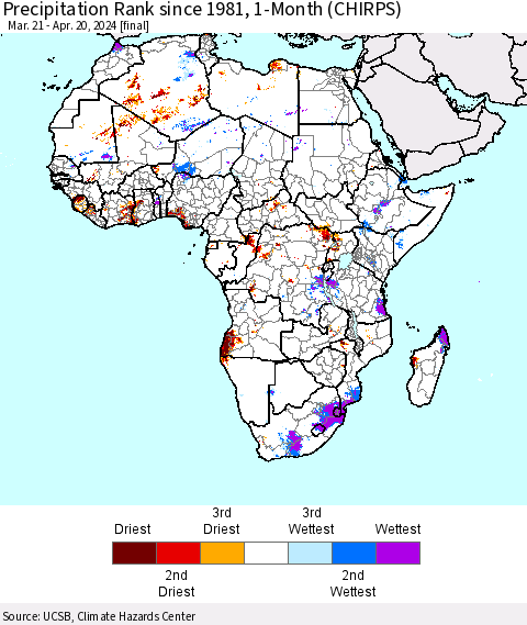 Africa Precipitation Rank since 1981, 1-Month (CHIRPS) Thematic Map For 3/21/2024 - 4/20/2024