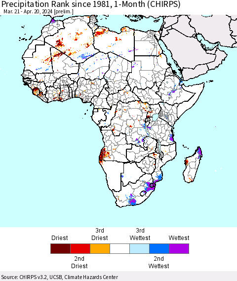 Africa Precipitation Rank since 1981, 1-Month (CHIRPS) Thematic Map For 3/21/2024 - 4/20/2024