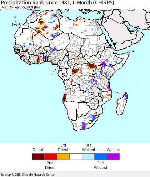 Africa Precipitation Rank since 1981, 1-Month (CHIRPS) Thematic Map For 3/26/2024 - 4/25/2024