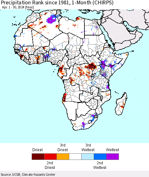 Africa Precipitation Rank since 1981, 1-Month (CHIRPS) Thematic Map For 4/1/2024 - 4/30/2024