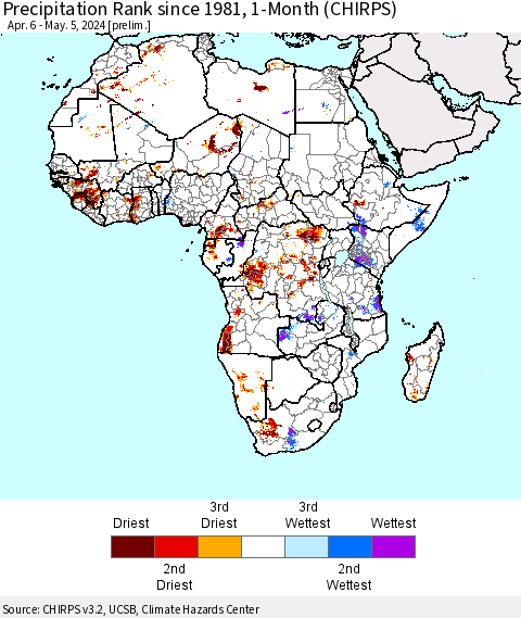 Africa Precipitation Rank since 1981, 1-Month (CHIRPS) Thematic Map For 4/6/2024 - 5/5/2024