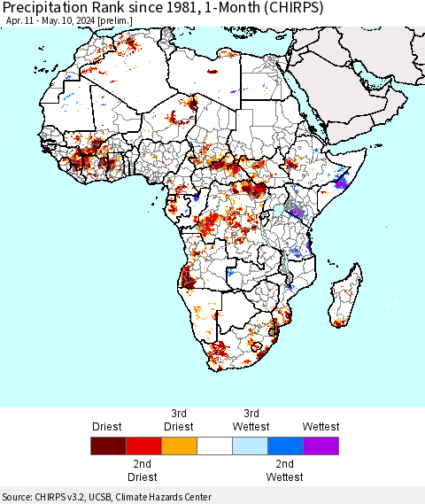 Africa Precipitation Rank since 1981, 1-Month (CHIRPS) Thematic Map For 4/11/2024 - 5/10/2024