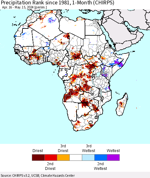 Africa Precipitation Rank since 1981, 1-Month (CHIRPS) Thematic Map For 4/16/2024 - 5/15/2024