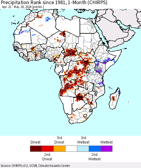 Africa Precipitation Rank since 1981, 1-Month (CHIRPS) Thematic Map For 4/21/2024 - 5/20/2024