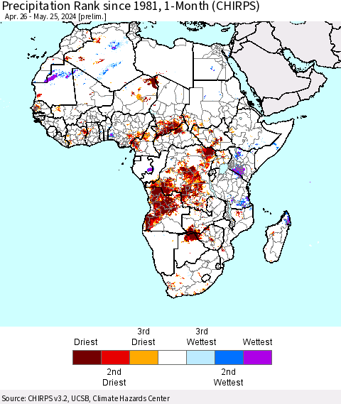 Africa Precipitation Rank since 1981, 1-Month (CHIRPS) Thematic Map For 4/26/2024 - 5/25/2024
