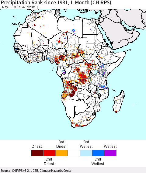 Africa Precipitation Rank since 1981, 1-Month (CHIRPS) Thematic Map For 5/1/2024 - 5/31/2024