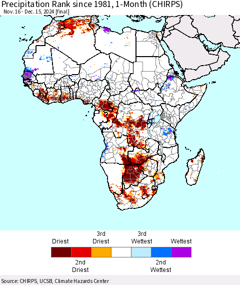 Africa Precipitation Rank since 1981, 1-Month (CHIRPS) Thematic Map For 11/16/2024 - 12/15/2024