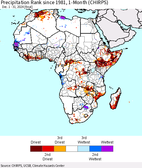 Africa Precipitation Rank since 1981, 1-Month (CHIRPS) Thematic Map For 12/1/2024 - 12/31/2024