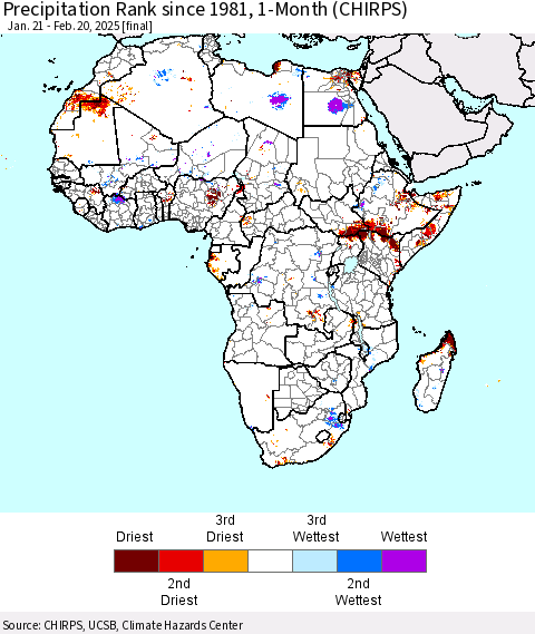 Africa Precipitation Rank since 1981, 1-Month (CHIRPS) Thematic Map For 1/21/2025 - 2/20/2025