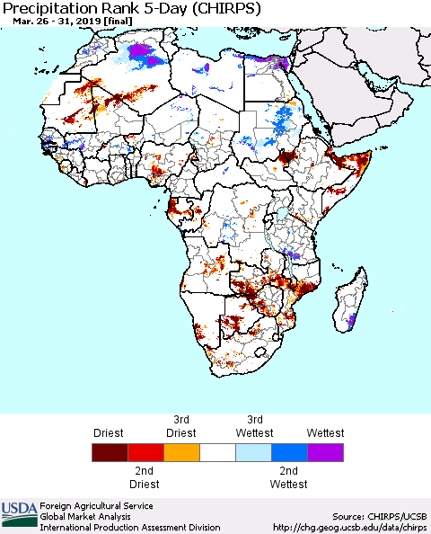 Africa Precipitation Rank since 1981, 5-Day (CHIRPS) Thematic Map For 3/26/2019 - 3/31/2019