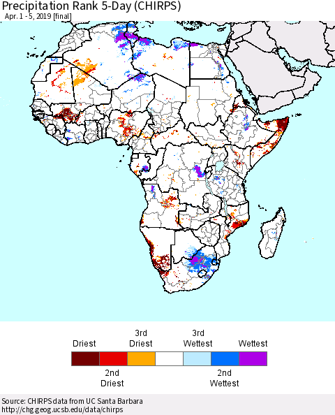 Africa Precipitation Rank since 1981, 5-Day (CHIRPS) Thematic Map For 4/1/2019 - 4/5/2019