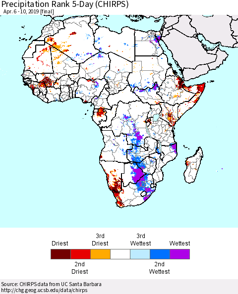 Africa Precipitation Rank since 1981, 5-Day (CHIRPS) Thematic Map For 4/6/2019 - 4/10/2019