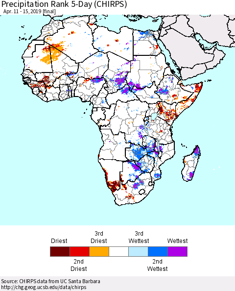 Africa Precipitation Rank since 1981, 5-Day (CHIRPS) Thematic Map For 4/11/2019 - 4/15/2019