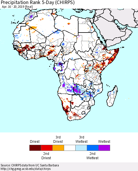 Africa Precipitation Rank since 1981, 5-Day (CHIRPS) Thematic Map For 4/16/2019 - 4/20/2019