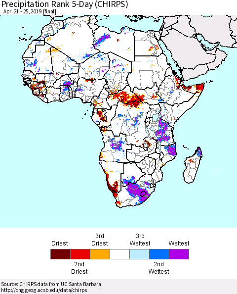 Africa Precipitation Rank since 1981, 5-Day (CHIRPS) Thematic Map For 4/21/2019 - 4/25/2019