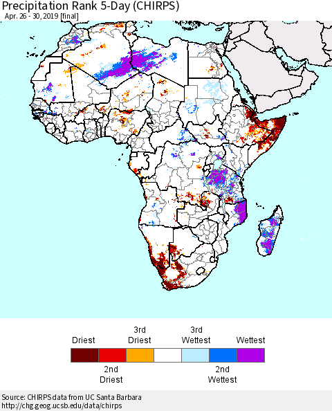 Africa Precipitation Rank since 1981, 5-Day (CHIRPS) Thematic Map For 4/26/2019 - 4/30/2019
