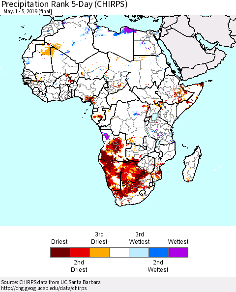 Africa Precipitation Rank since 1981, 5-Day (CHIRPS) Thematic Map For 5/1/2019 - 5/5/2019