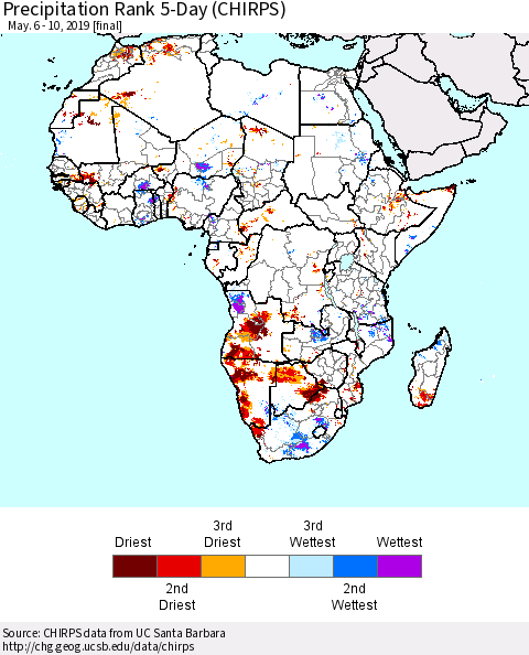 Africa Precipitation Rank since 1981, 5-Day (CHIRPS) Thematic Map For 5/6/2019 - 5/10/2019