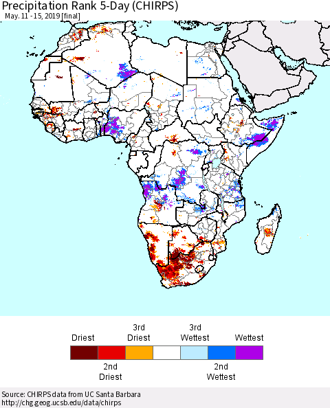 Africa Precipitation Rank since 1981, 5-Day (CHIRPS) Thematic Map For 5/11/2019 - 5/15/2019
