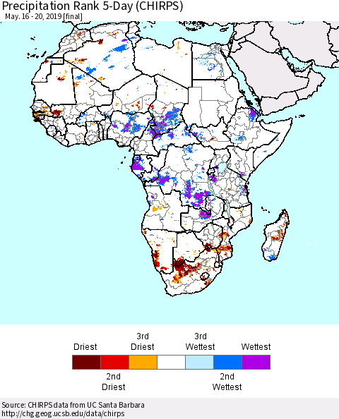 Africa Precipitation Rank since 1981, 5-Day (CHIRPS) Thematic Map For 5/16/2019 - 5/20/2019