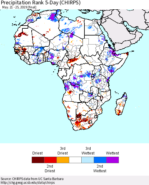 Africa Precipitation Rank since 1981, 5-Day (CHIRPS) Thematic Map For 5/21/2019 - 5/25/2019