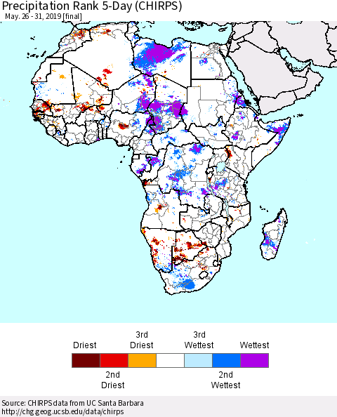 Africa Precipitation Rank since 1981, 5-Day (CHIRPS) Thematic Map For 5/26/2019 - 5/31/2019